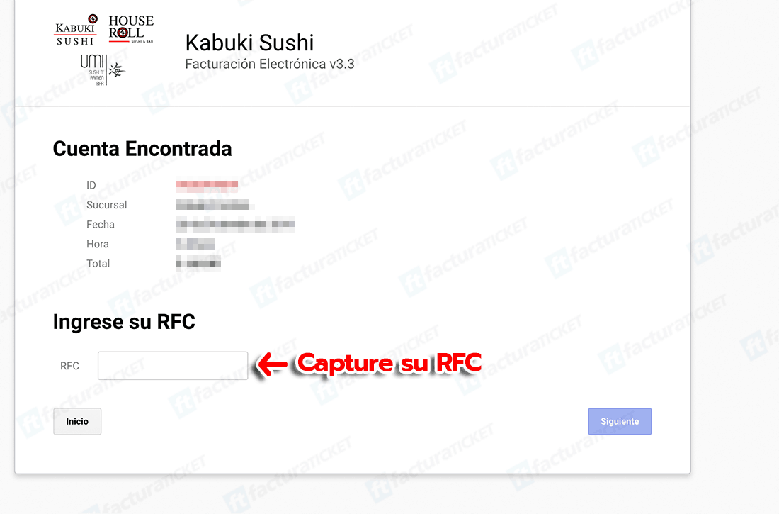 KABUKI SUSHI Paso 2  Capture Datos del RFC y Correo Electrónico