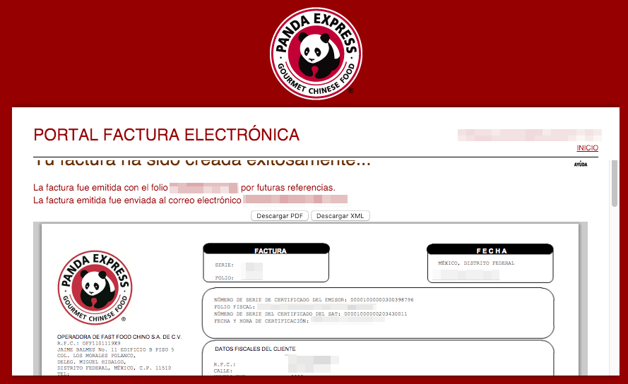 Panda Express Paso 3  Reciba su Factura en Correo Electrónico y te muestra la PDF.