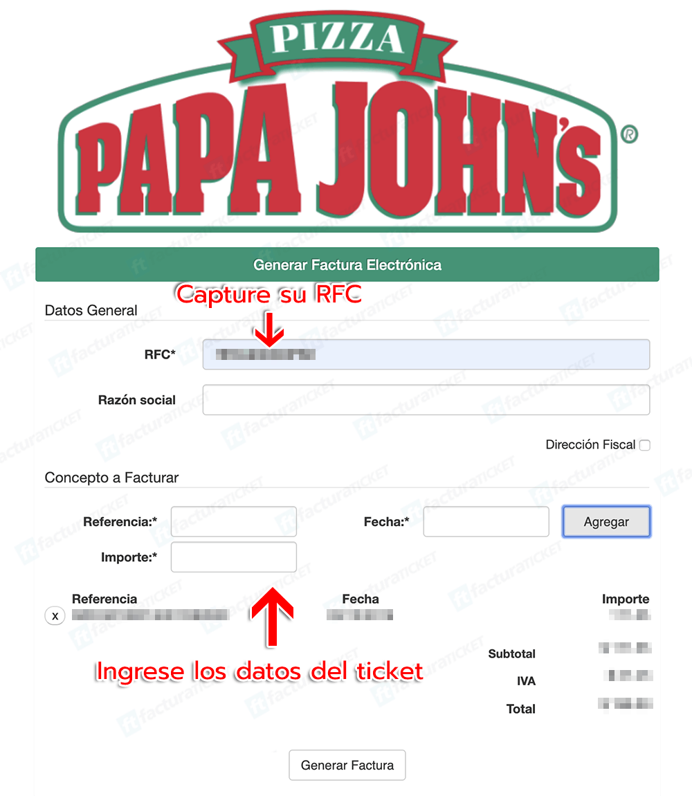 Papa John’s Paso 1  Captura de RFC y datos de compra.