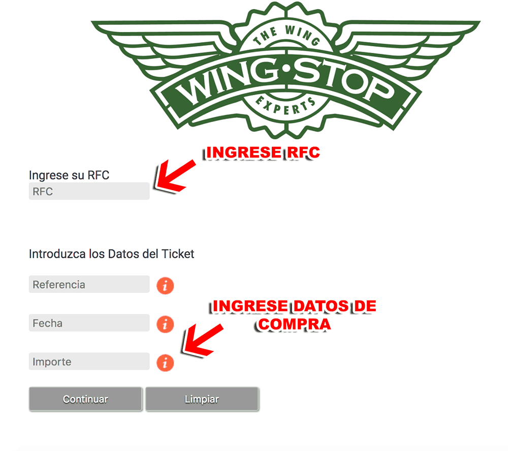 Wingstop Paso 1  Captura de RFC y datos de compra